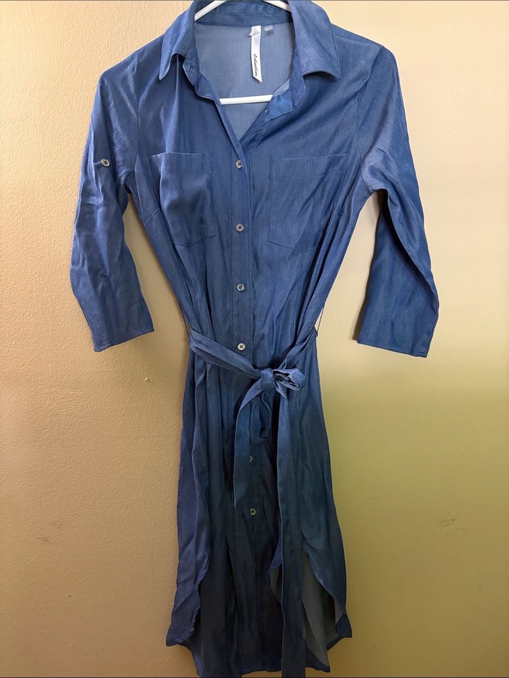 Blue denim-like Button-Front Shirt Dress with Waist Tie